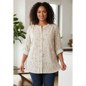 Cynthia Rowley 100% Linen Button Front Blouse 2X Plus Roll Tab Sleeve Coastal